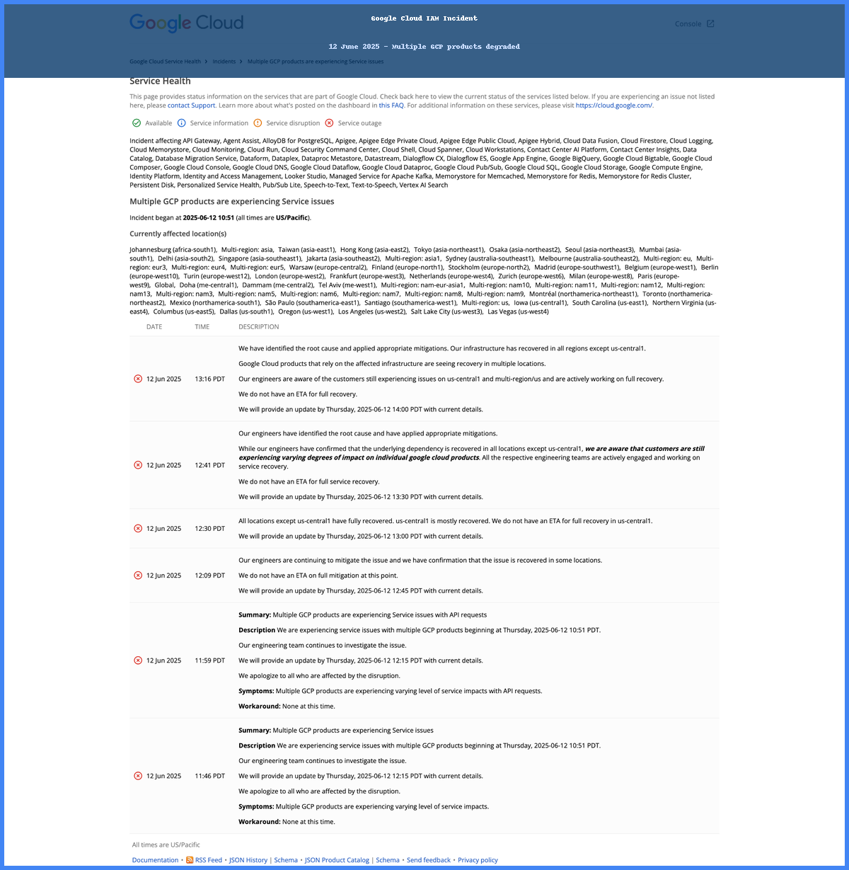 Screenshot of Google Cloud status dashboard at 11:30 AM PT during the June 12, 2025 outage, showing red indicators for IAM, Cloud Storage, and Bigtable, signifying widespread service degradation.