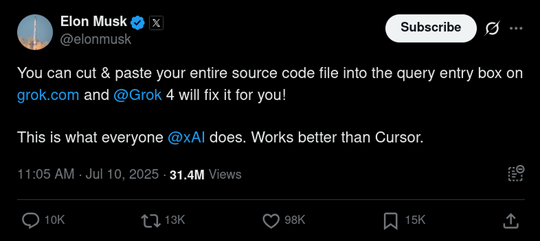 Grok &quot;better than Cursor&quot; claim