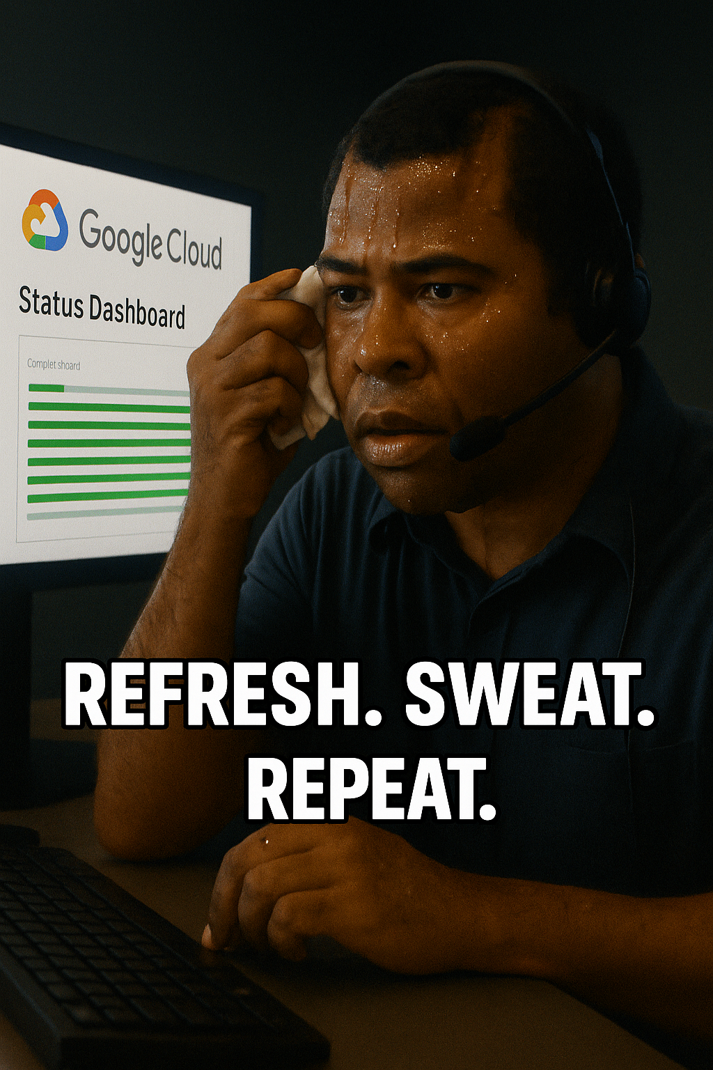 Animated GIF of a person frantically refreshing a web page, humorously depicting the typical behavior of an SRE during a widespread cloud outage, such as the June 12, 2025 Google Cloud incident.